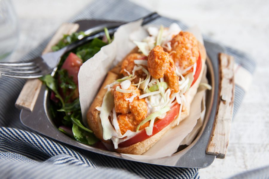 Vegan Buffalo Cauliflower Po'boy Recipe on Gluten free hot dog buns