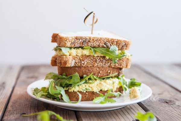 Eggless egg salad sandwich on seeded gluten-free bread