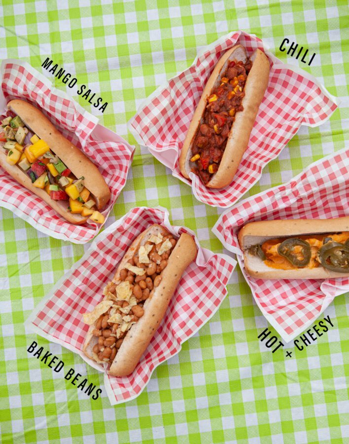 Hotdogs: Mango salsa, chili, baked beans and hot cheesy