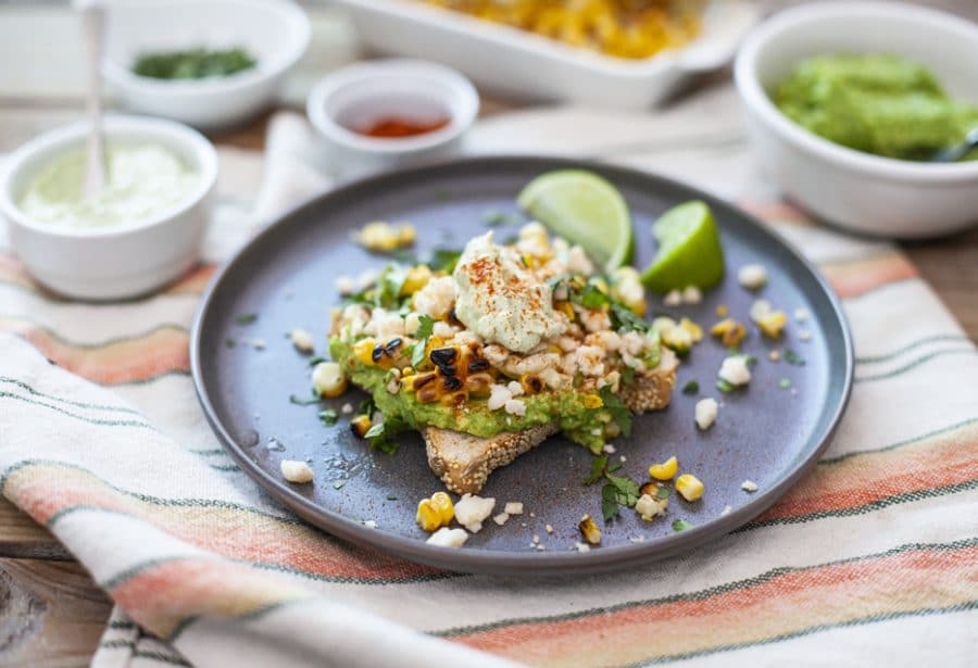 Gluten-free Grilled Mexican Street Corn Toast with Avocado Crema