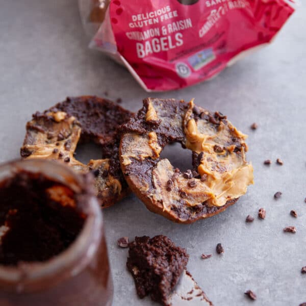 nut free chocolate spread on a vegan bagel