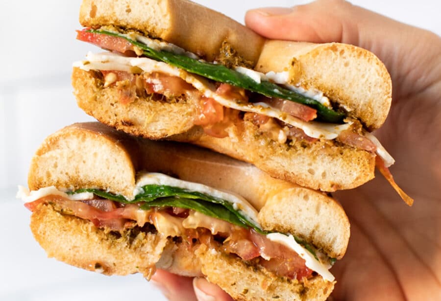 Simply Quinoa's Vegan Gluten-free Pesto Melt Bagel Sandwich